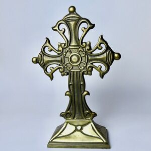 Vintage Brass Cross Tabletop Statue Christian Catholic Religious Décor India